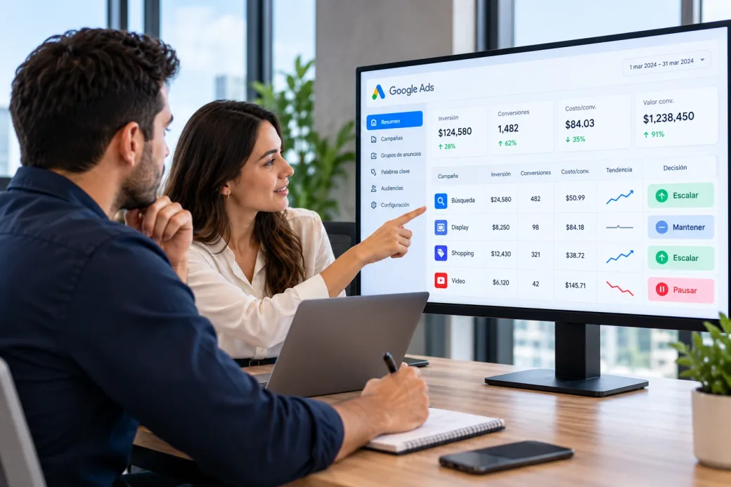 Dos personas revisando un tablero de Google Ads donde cada campaña tiene una decisión marcada: escalar, mantener o pausar