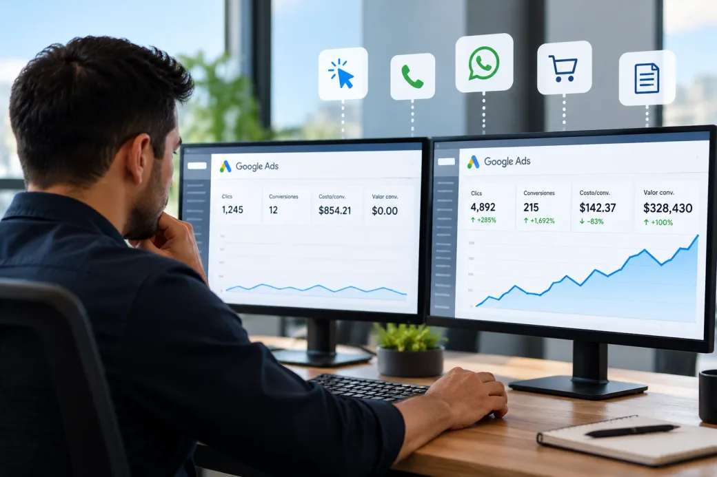 Dos pantallas con la misma cuenta de Google Ads: a la izquierda mide clics y conversiones sin valor; a la derecha, conversiones con valor y costo por conversión a la baja
